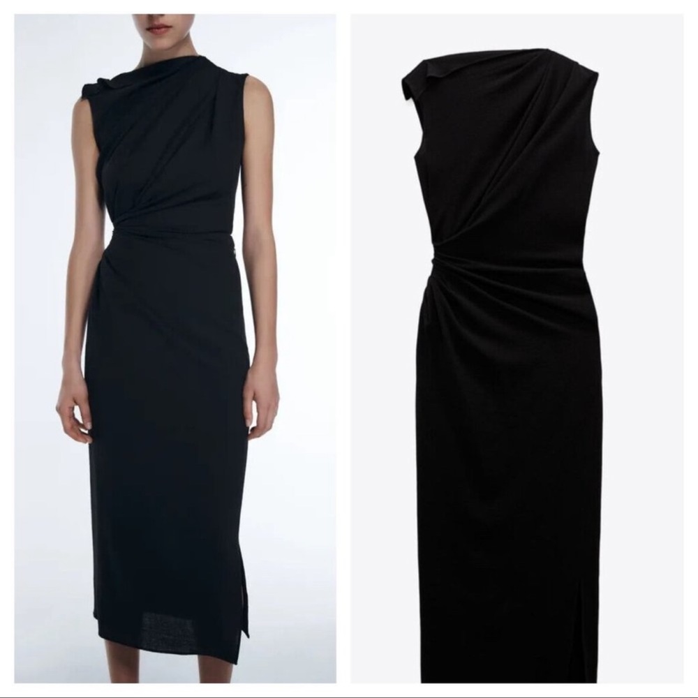 ZARA - DESIGNER NARCISO RODRIGUEZ - ZARA BLACK MIDI RUCHED DRESS